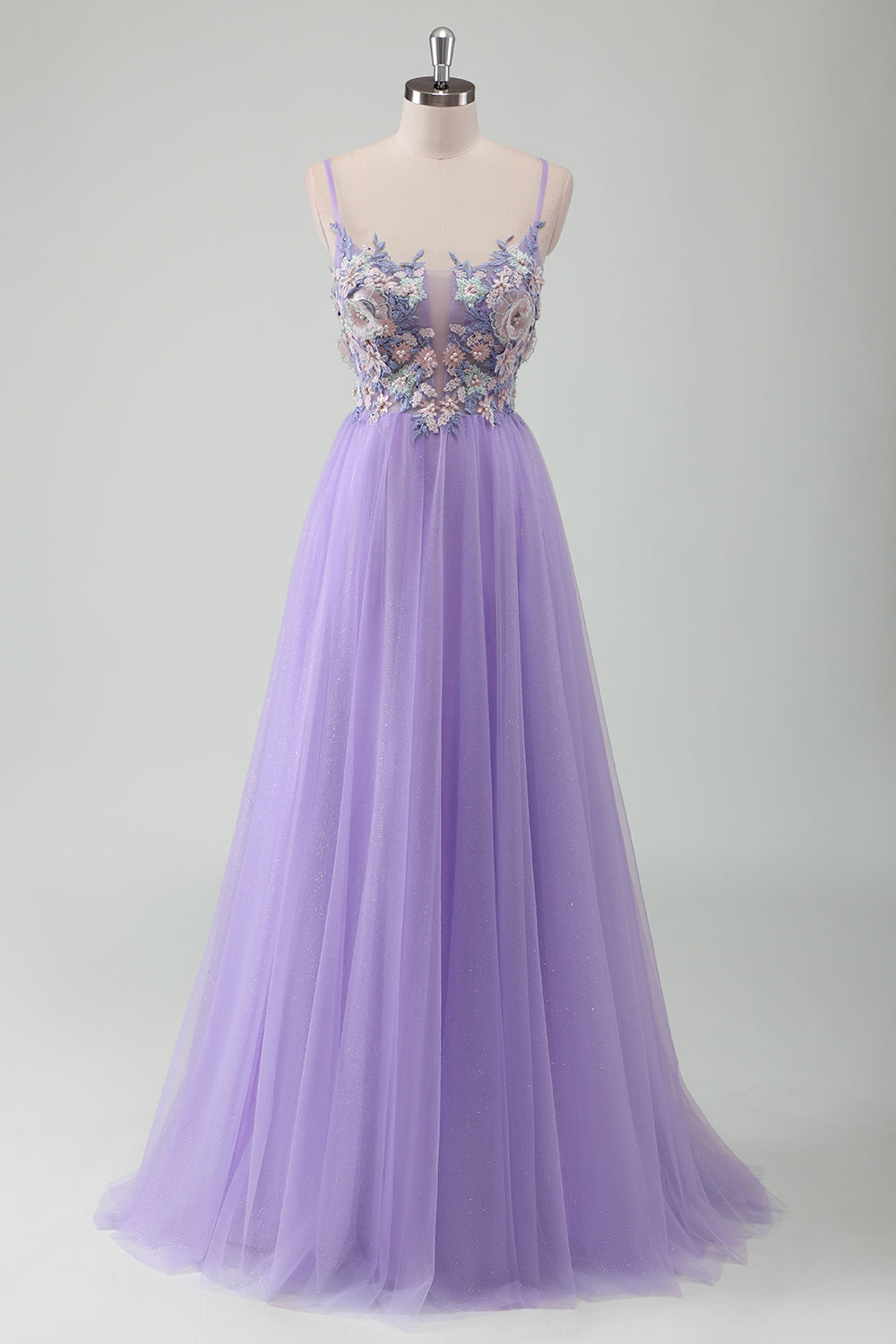 Tulle violet A-ligne bretelles spaghetti robe de bal longue dos ouvert avec appliques