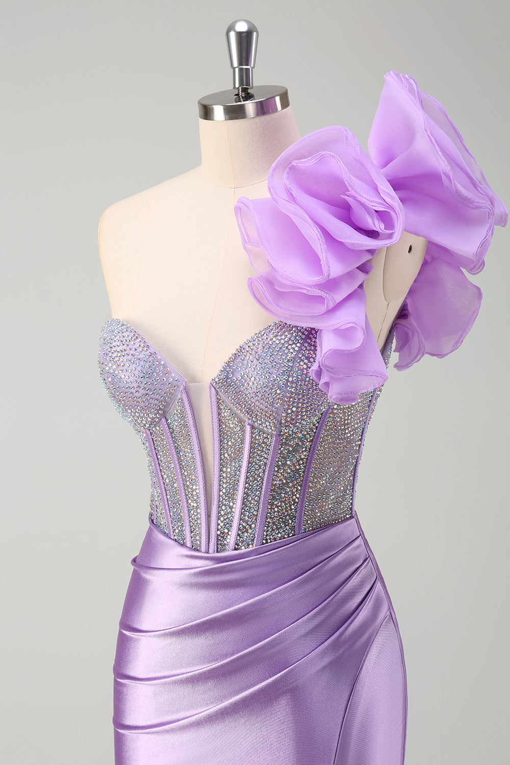 Sirène fuchsia scintillante à une épaule Robe de bal longue à volants amovibles avec fente