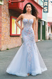 Robe De Soirée en tulle bleu clair perlée sirène sirène à bretelles spaghetti