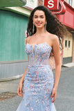 Robe De Soirée en tulle bleu clair perlée sirène sirène à bretelles spaghetti