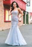 Robe De Soirée en tulle bleu clair perlée sirène sirène à bretelles spaghetti