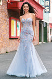Robe De Soirée en tulle bleu clair perlée sirène sirène à bretelles spaghetti