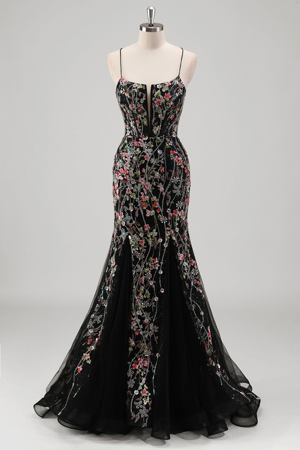 Robe De Soirée en tulle bleu clair perlée sirène sirène à bretelles spaghetti