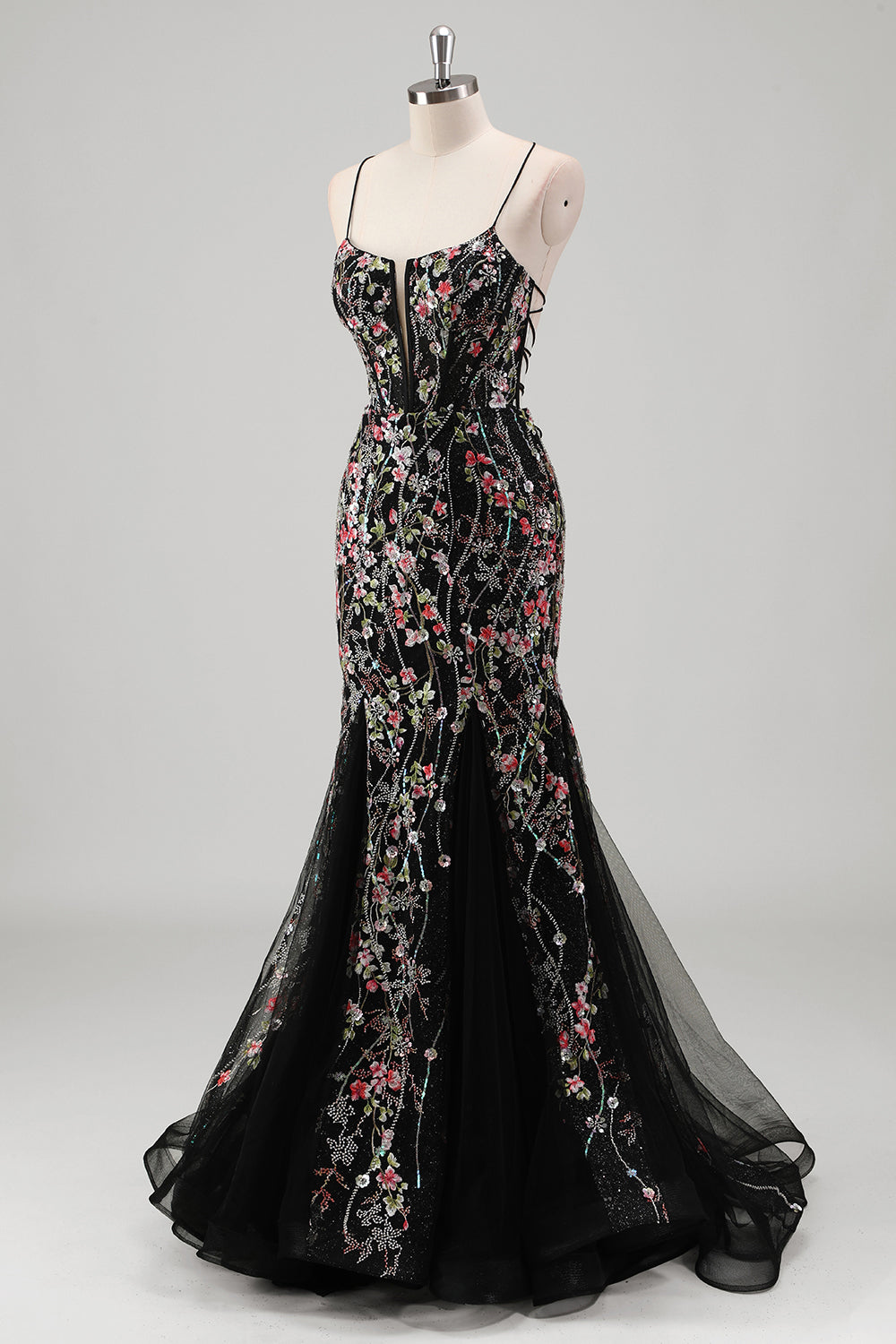 Robe De Soirée en tulle bleu clair perlée sirène sirène à bretelles spaghetti