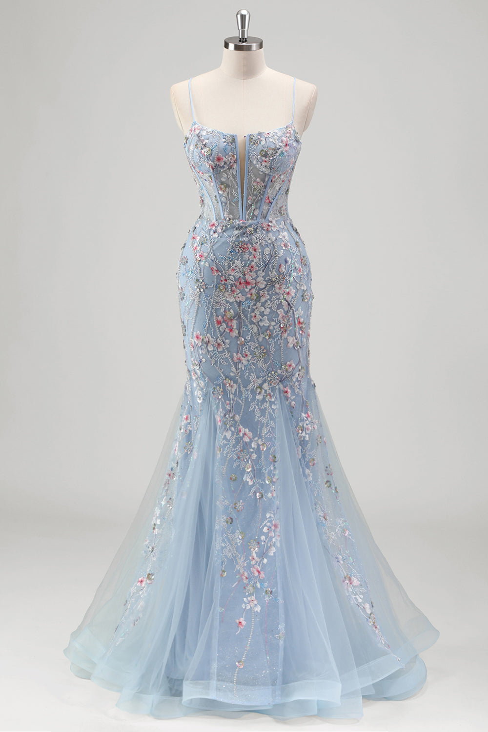 Robe De Soirée en tulle bleu clair perlée sirène sirène à bretelles spaghetti