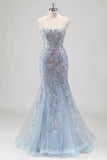 Robe De Soirée en tulle bleu clair perlée sirène sirène à bretelles spaghetti