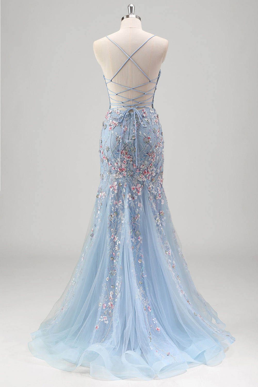 Robe De Soirée en tulle bleu clair perlée sirène sirène à bretelles spaghetti
