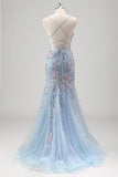 Robe De Soirée en tulle bleu clair perlée sirène sirène à bretelles spaghetti