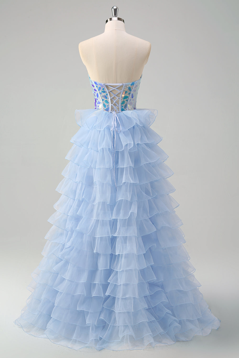 Bleu A-ligne Sweetheart trou de serrure Corset Miroirs à volants Robe de bal longue