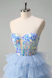 Bleu A-ligne Sweetheart trou de serrure Corset Miroirs à volants Robe de bal longue