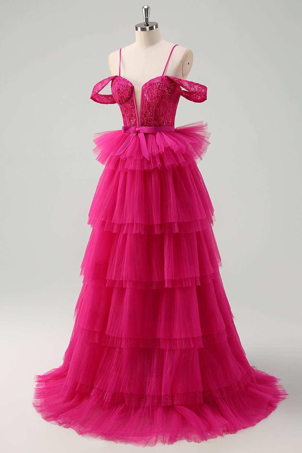Robe de bal longue en tulle a-ligne à épaules dénudées rose vif avec appliques