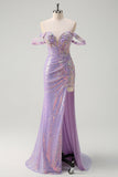 Robe de soirée scintillante sirène violet clair à paillettes à épaules dénudées avec fente
