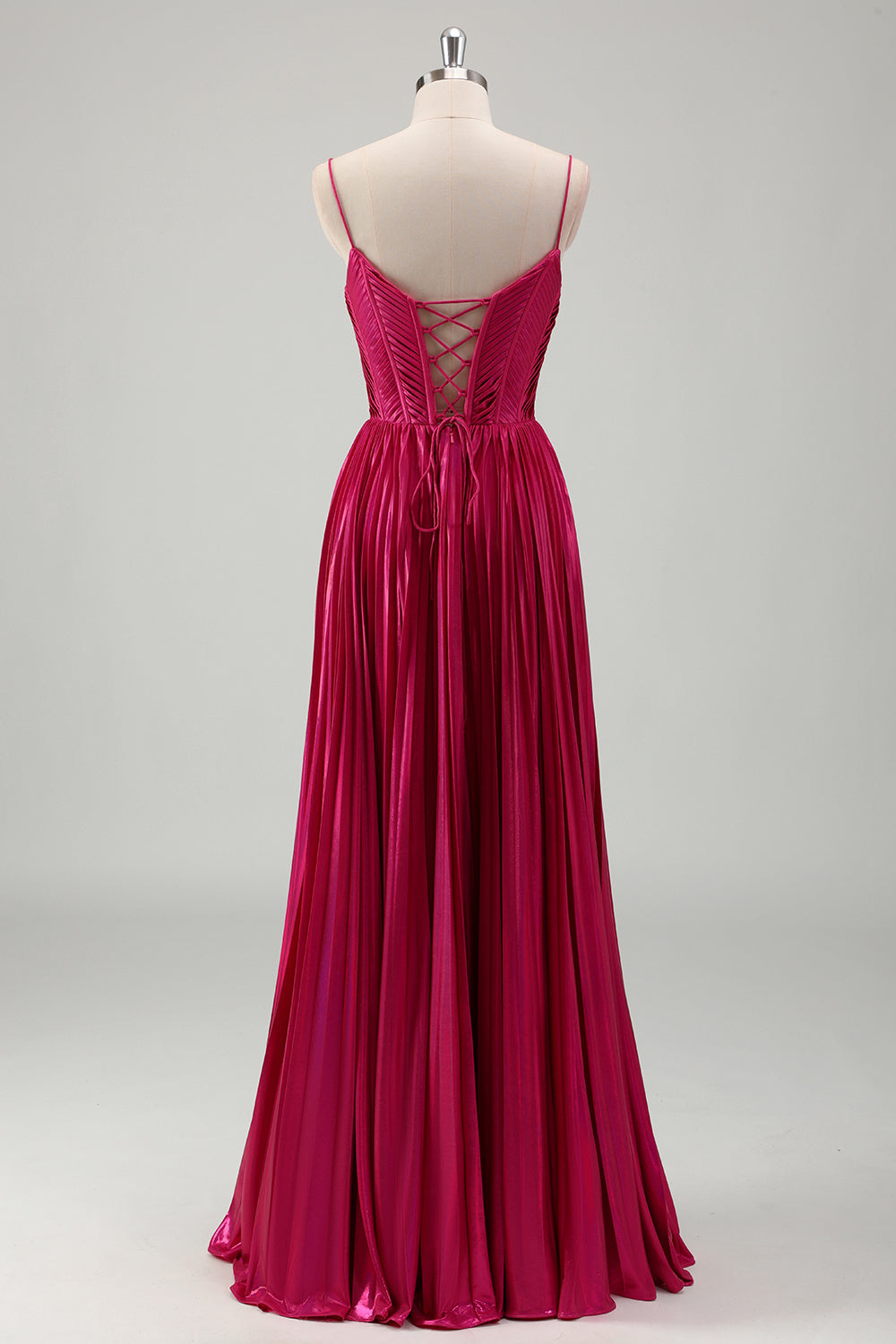 Fuchsia A Line Spaghetti Straps Corset Robe de Bal Plissée Avec Lacets Dans Le Dos