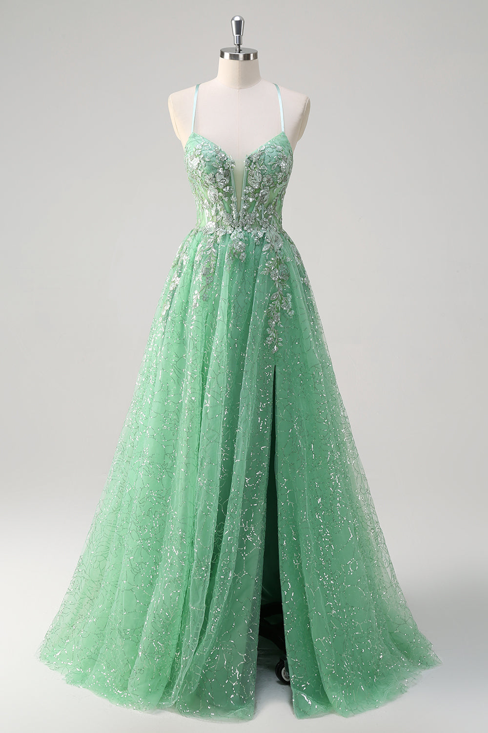 Une ligne scintillante vert clair spaghetti bretelles corset tulle Robe De Soirée avec fente