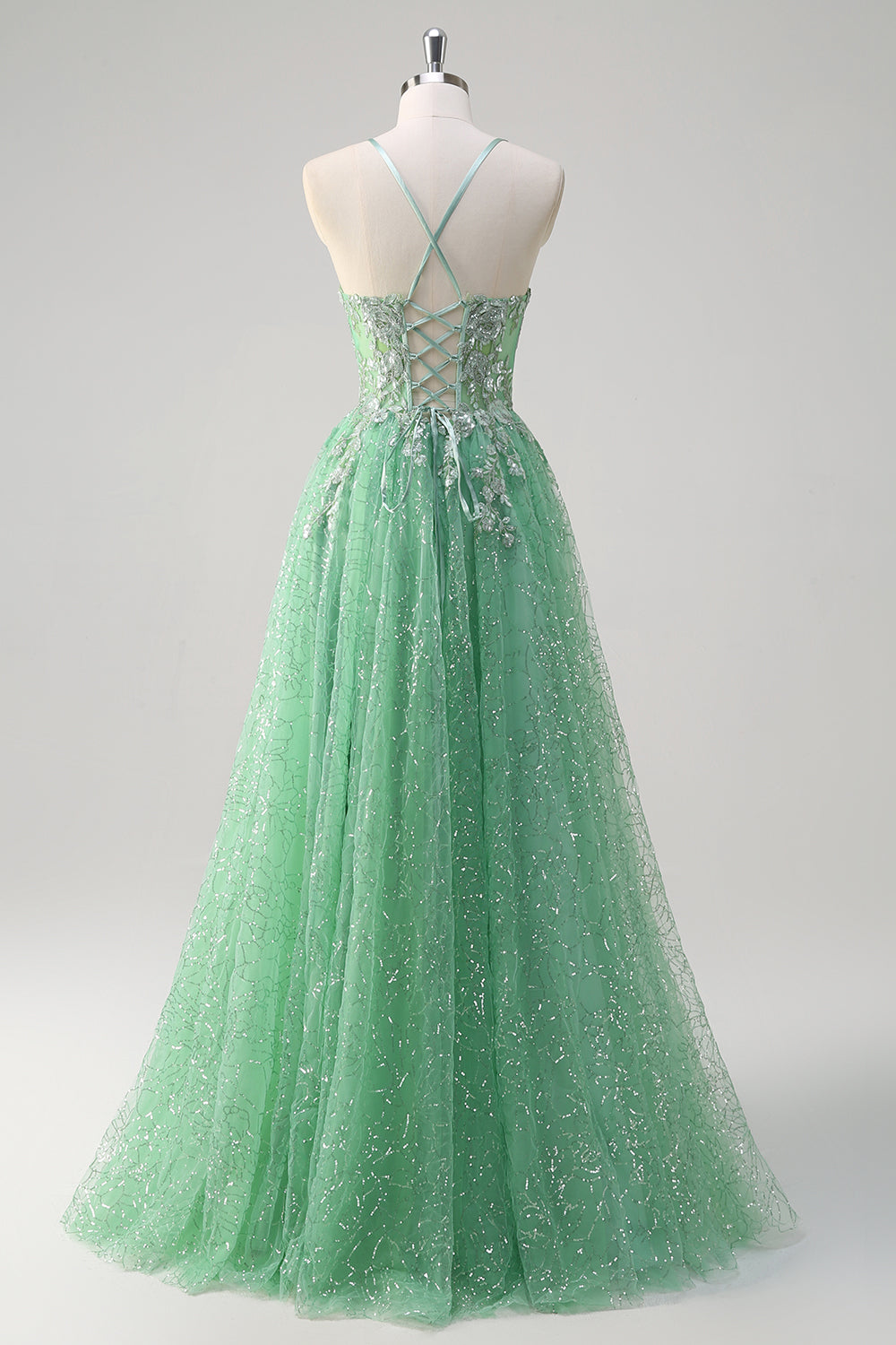 Une ligne scintillante vert clair spaghetti bretelles corset tulle Robe De Soirée avec fente