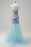 Robe de bal longue perlée corset sirène bleu clair scintillante avec fente
