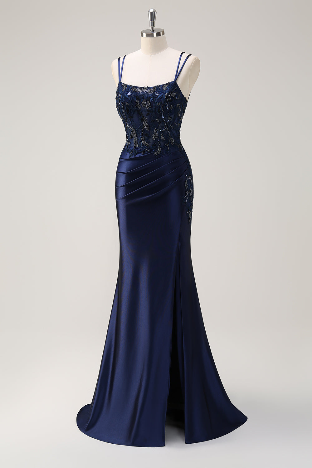 Sirène bleu marine spaghetti bretelles corset froncé robe longue de bal avec fente