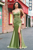 Robe De Soirée plissée à bretelles spaghetti corset vert sirène