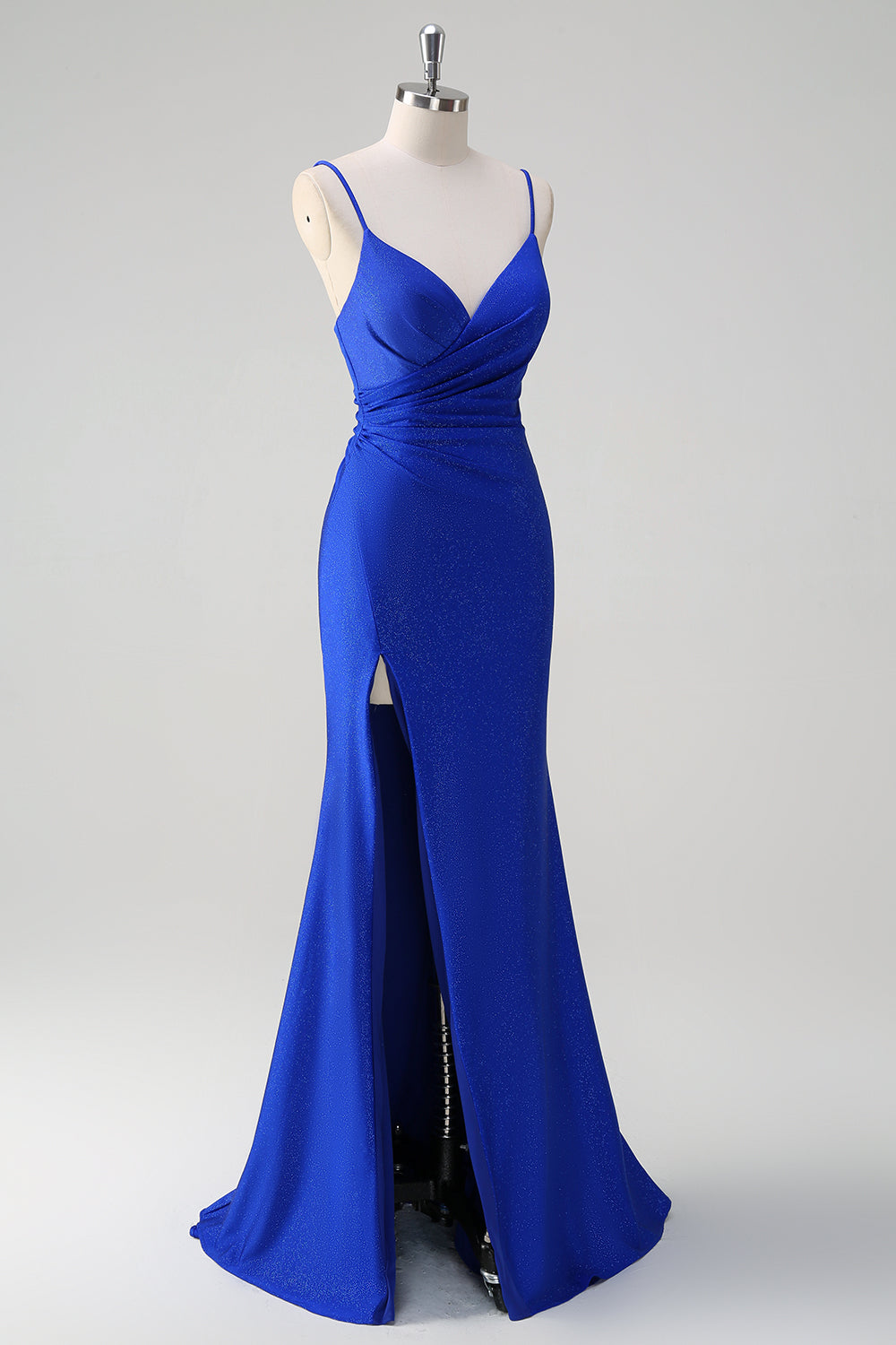 paillettes bleu royal sirène spaghetti bretelles froncé robe longue de bal avec fente
