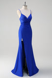 paillettes bleu royal sirène spaghetti bretelles froncé robe longue de bal avec fente