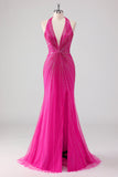 Robe de soirée longue perlée dos nu sirène fuchsia avec fente