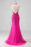 Robe de soirée longue perlée dos nu sirène fuchsia avec fente