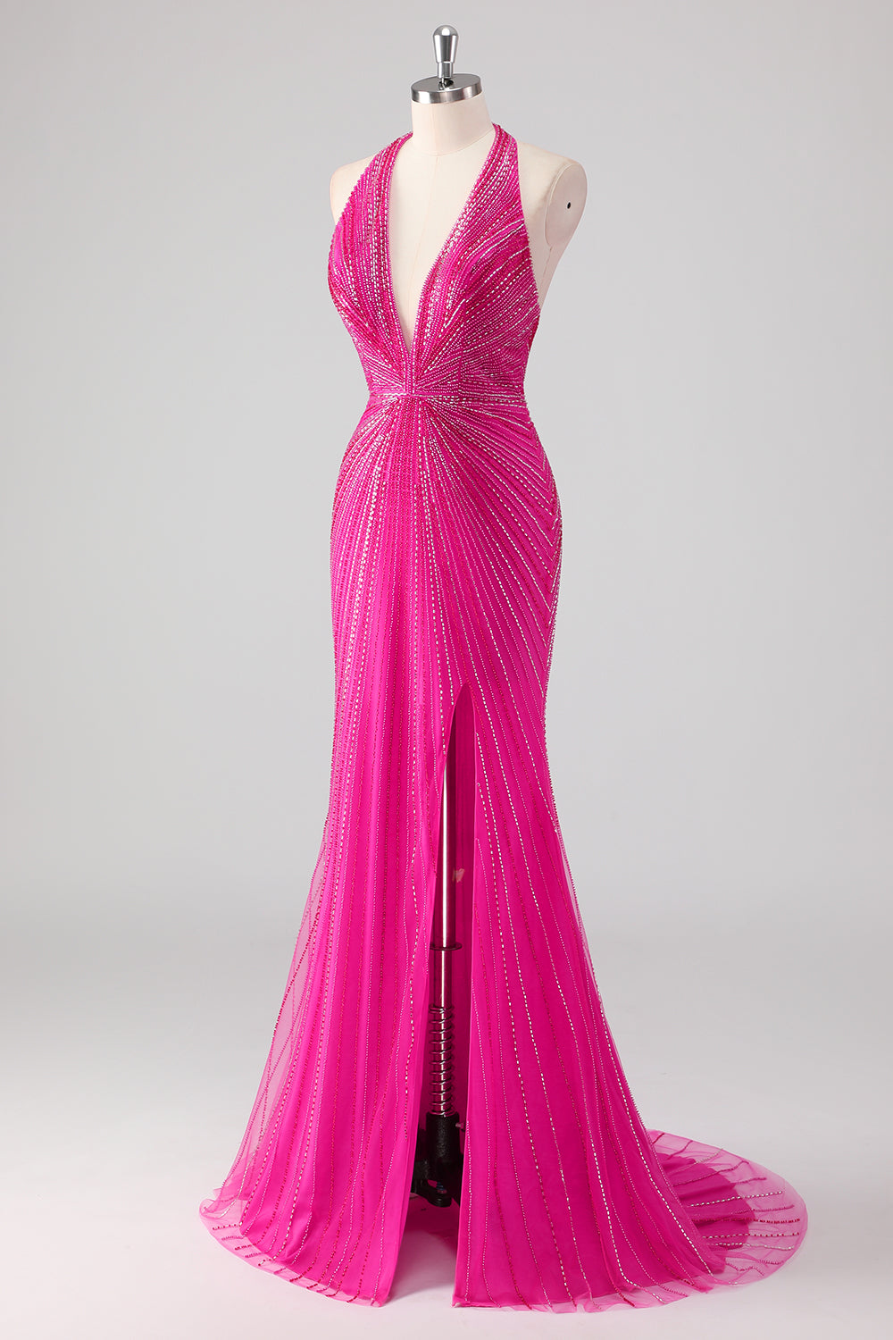 Robe de soirée longue perlée dos nu sirène fuchsia avec fente