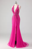 Robe de soirée longue perlée dos nu sirène fuchsia avec fente