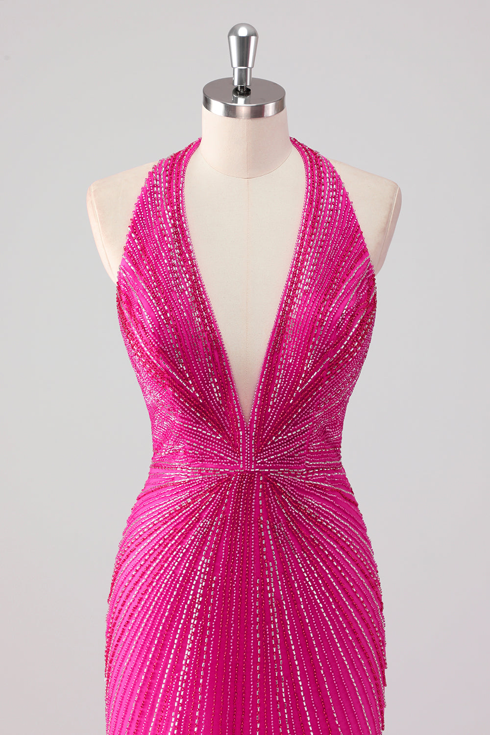 Robe de soirée longue perlée dos nu sirène fuchsia avec fente