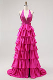 Fuchsia une ligne dos nu dos ouvert perlé perlé longue robe de bal