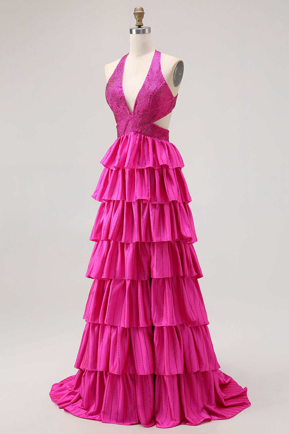 Fuchsia une ligne dos nu dos ouvert perlé perlé longue robe de bal