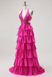 Fuchsia une ligne dos nu dos ouvert perlé perlé longue robe de bal