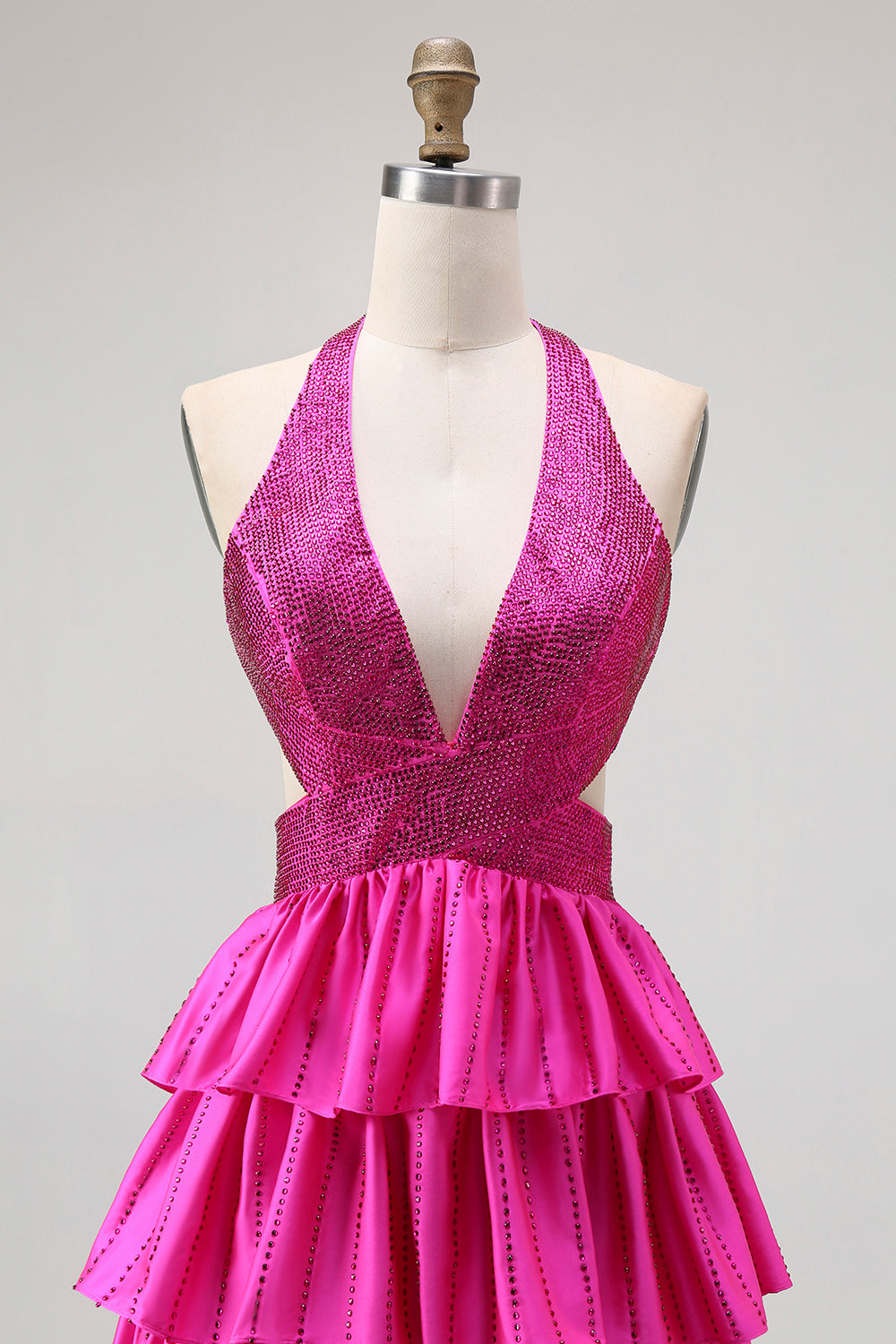 Fuchsia une ligne dos nu dos ouvert perlé perlé longue robe de bal