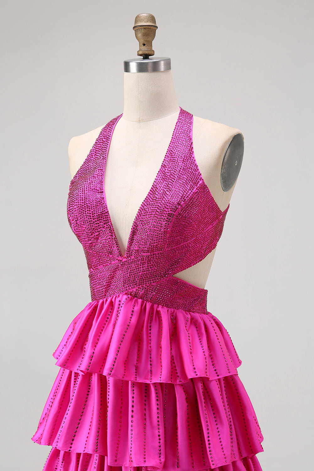 Fuchsia une ligne dos nu dos ouvert perlé perlé longue robe de bal