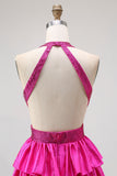 Fuchsia une ligne dos nu dos ouvert perlé perlé longue robe de bal