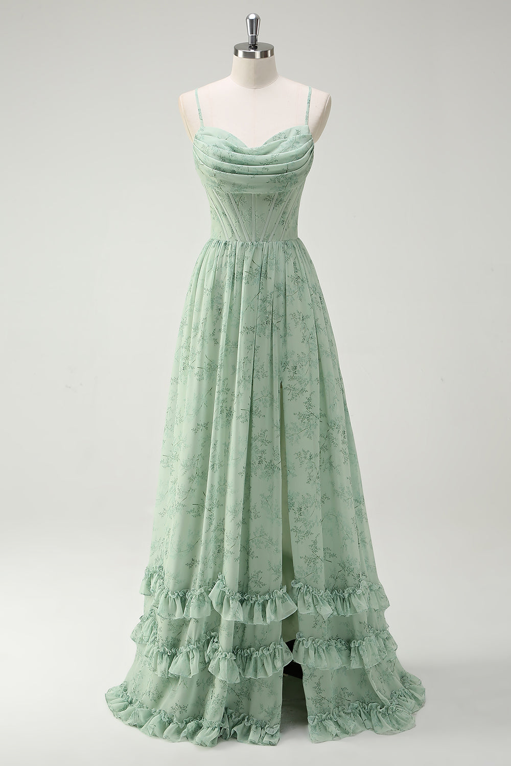 Robe de demoiselle d'honneur longue à bretelles spaghetti et imprimé floral vert avec fente
