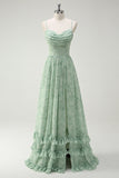 Robe de demoiselle d'honneur longue à bretelles spaghetti et imprimé floral vert avec fente