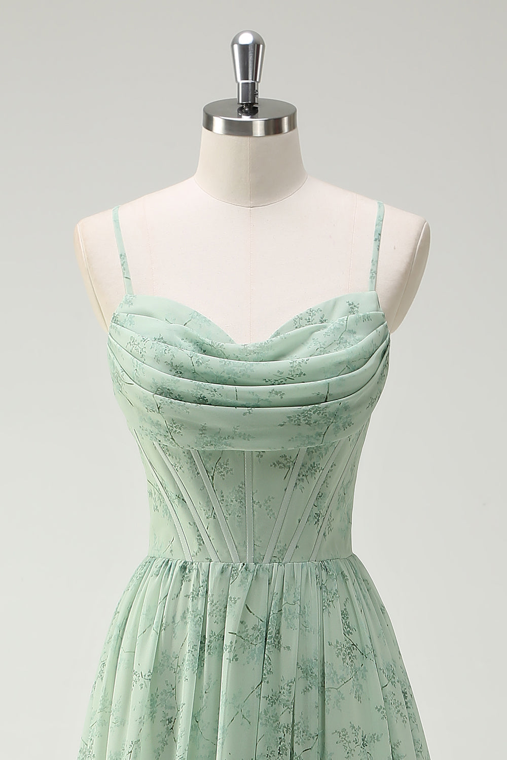 Robe de demoiselle d'honneur longue à bretelles spaghetti et imprimé floral vert avec fente