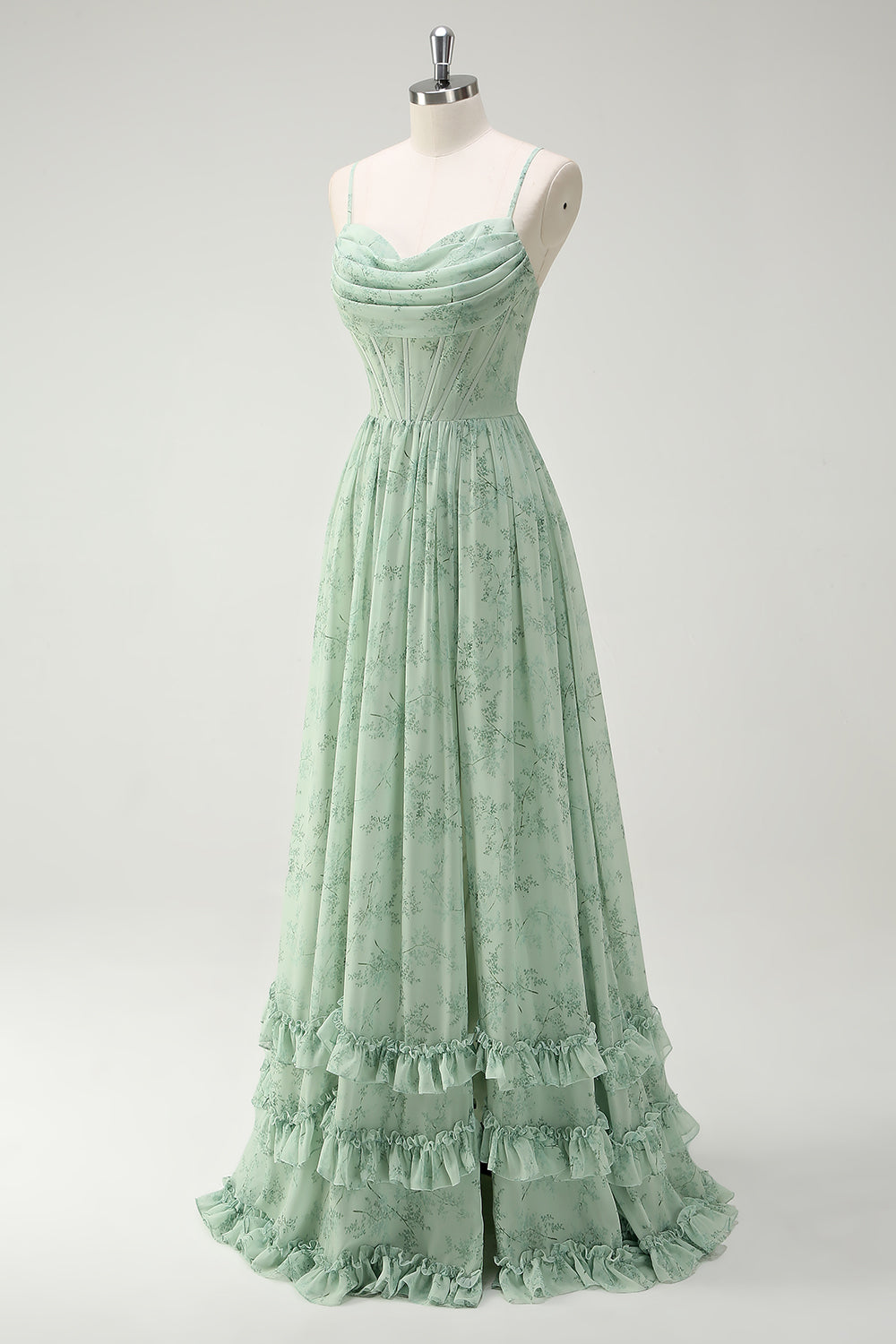 Robe de demoiselle d'honneur longue à bretelles spaghetti et imprimé floral vert avec fente