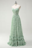 Robe de demoiselle d'honneur longue à bretelles spaghetti et imprimé floral vert avec fente