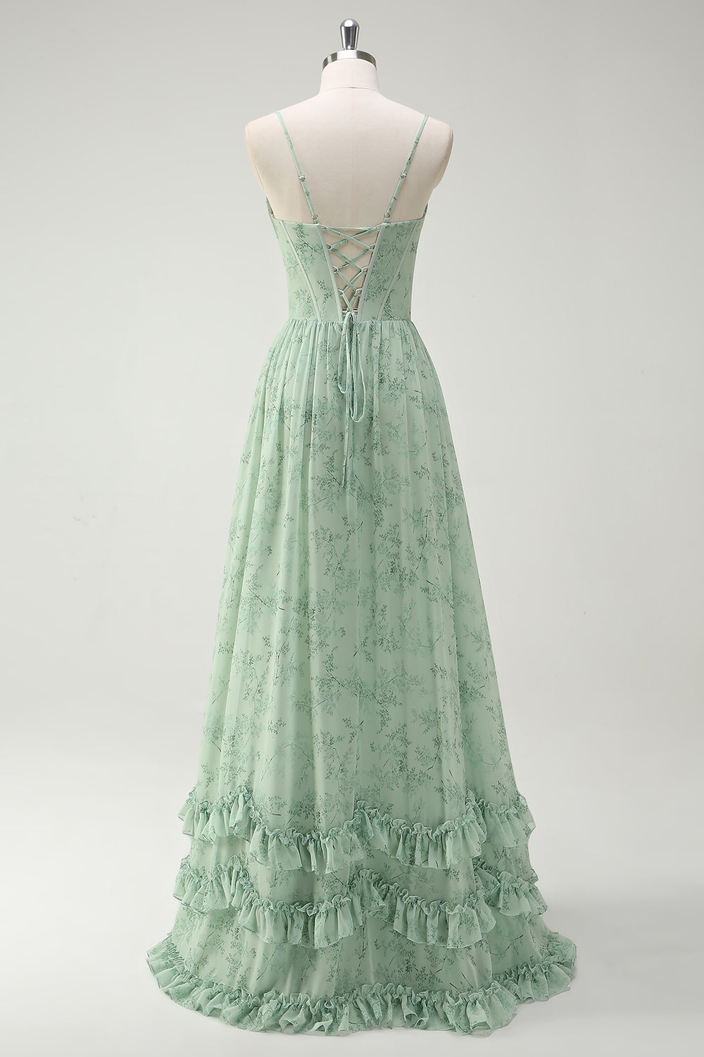 Robe de demoiselle d'honneur longue à bretelles spaghetti et imprimé floral vert avec fente