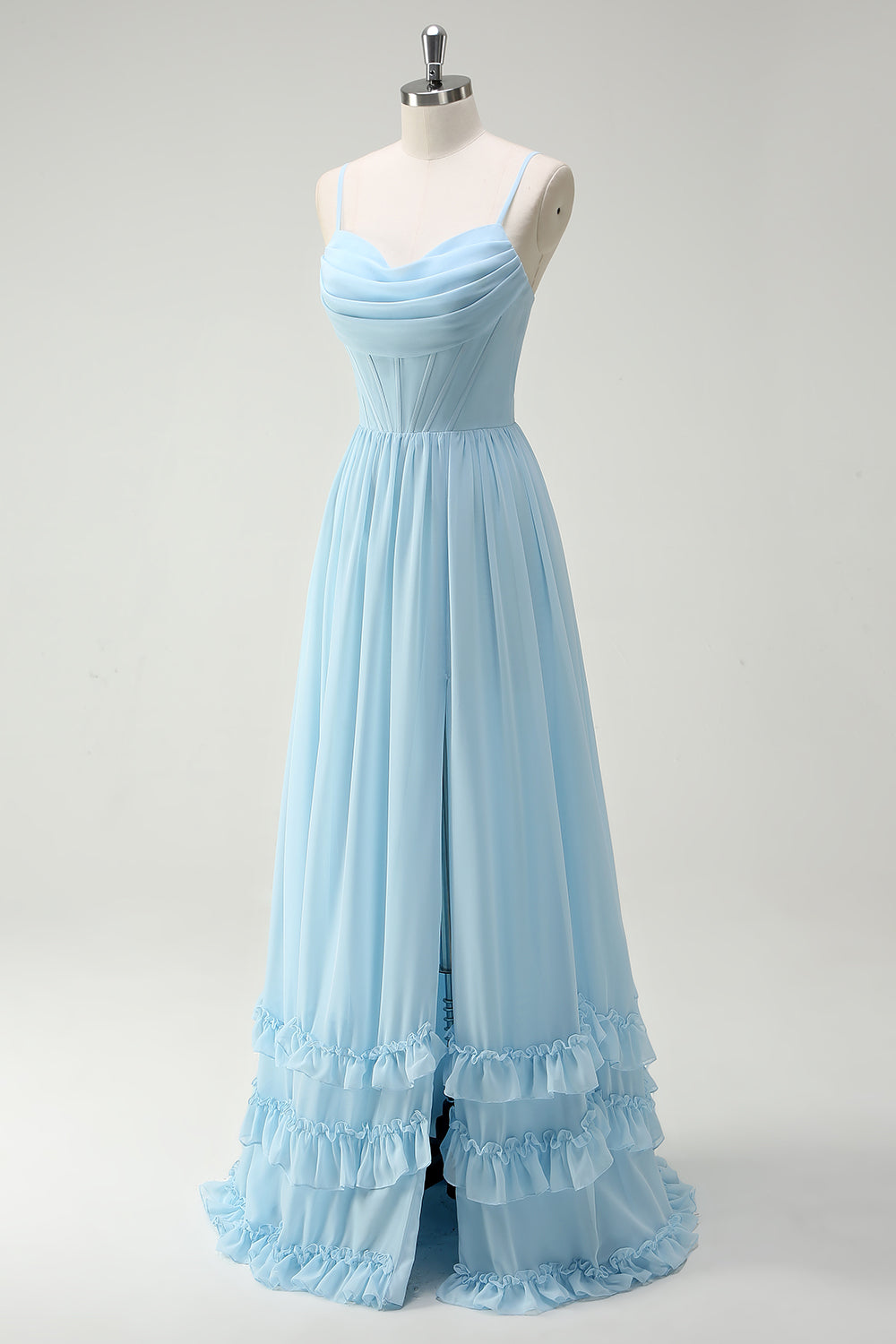 Robe de demoiselle d'honneur longue à bretelles spaghetti et imprimé floral vert avec fente