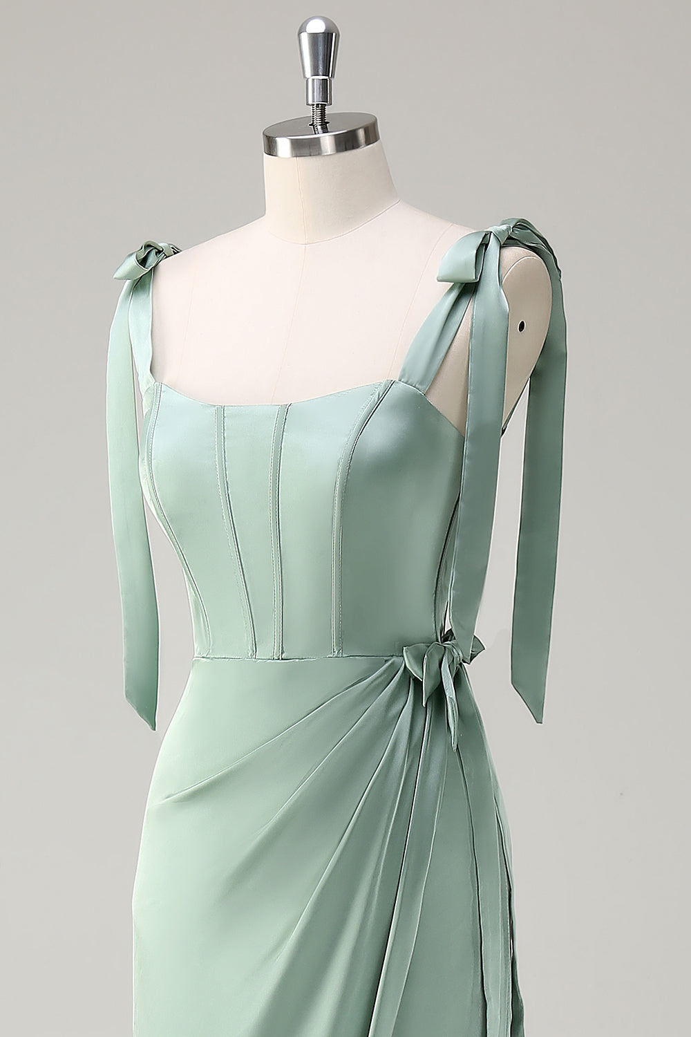 Robe de demoiselle d'honneur longue à bretelles corset et nœud papillon Sage avec fente