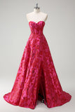 Jacquard floral fuchsia Sweetheart Princesse Robe de bal corset longue avec fente