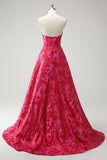 Jacquard floral fuchsia Sweetheart Princesse Robe de bal corset longue avec fente
