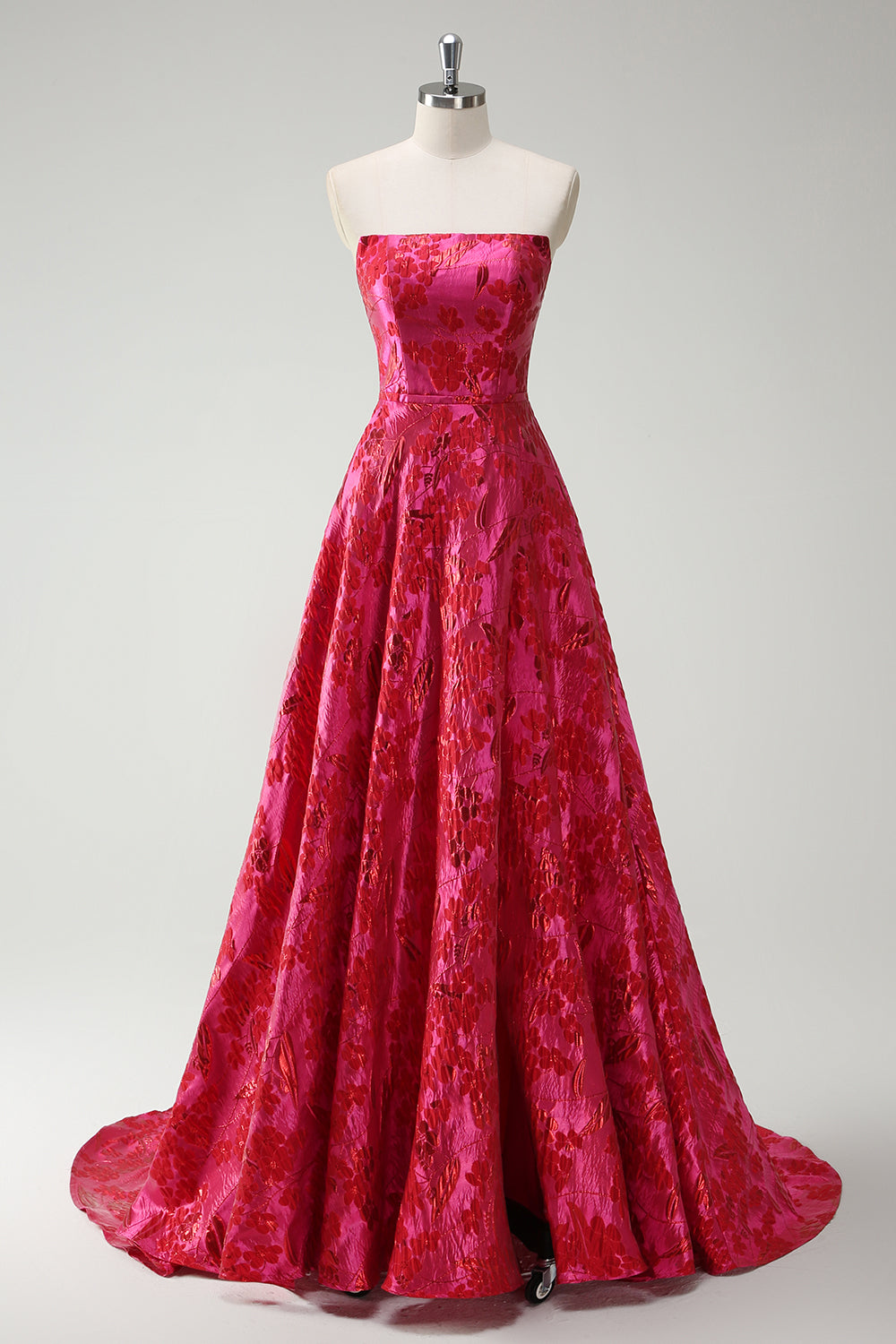 Robe De Soirée trapèze sans bretelles florale fuchsia
