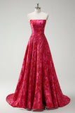 Robe De Soirée trapèze sans bretelles florale fuchsia