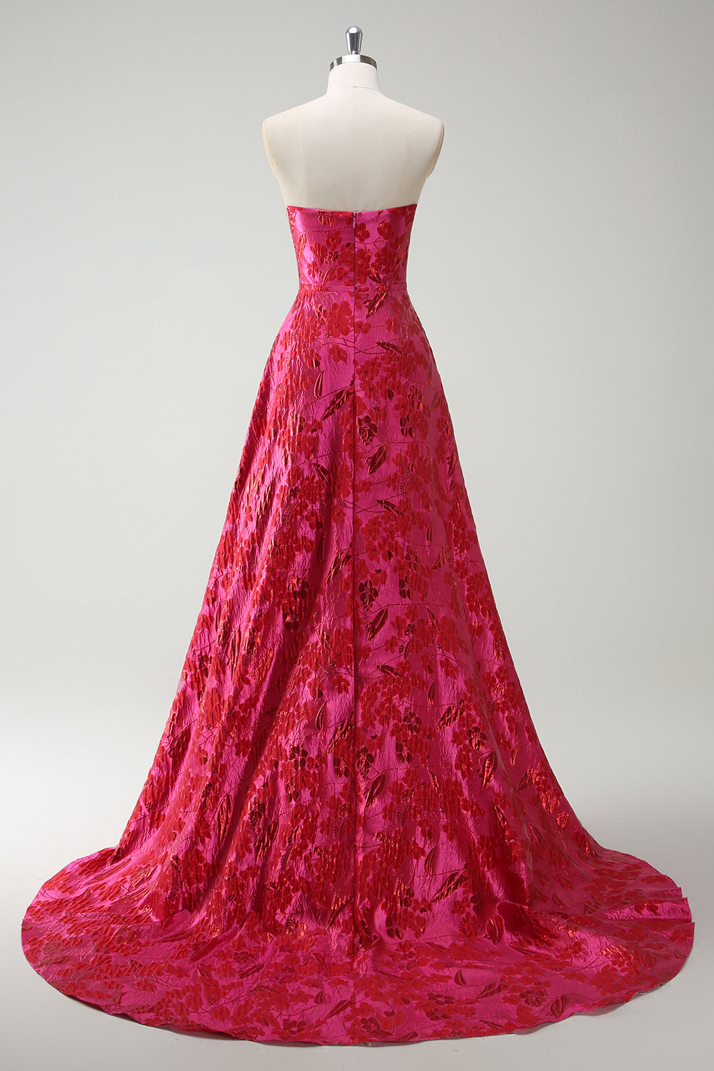 Robe De Soirée trapèze sans bretelles florale fuchsia