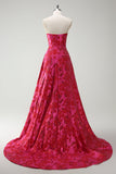 Robe De Soirée trapèze sans bretelles florale fuchsia