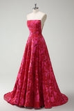 Robe De Soirée trapèze sans bretelles florale fuchsia